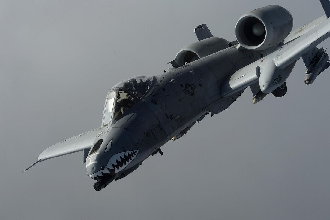 An A-10 Thunderbolt II banking in flight with shark-mouth nose art, showing engines mounted high on the rear fuselage and twin tail fins
